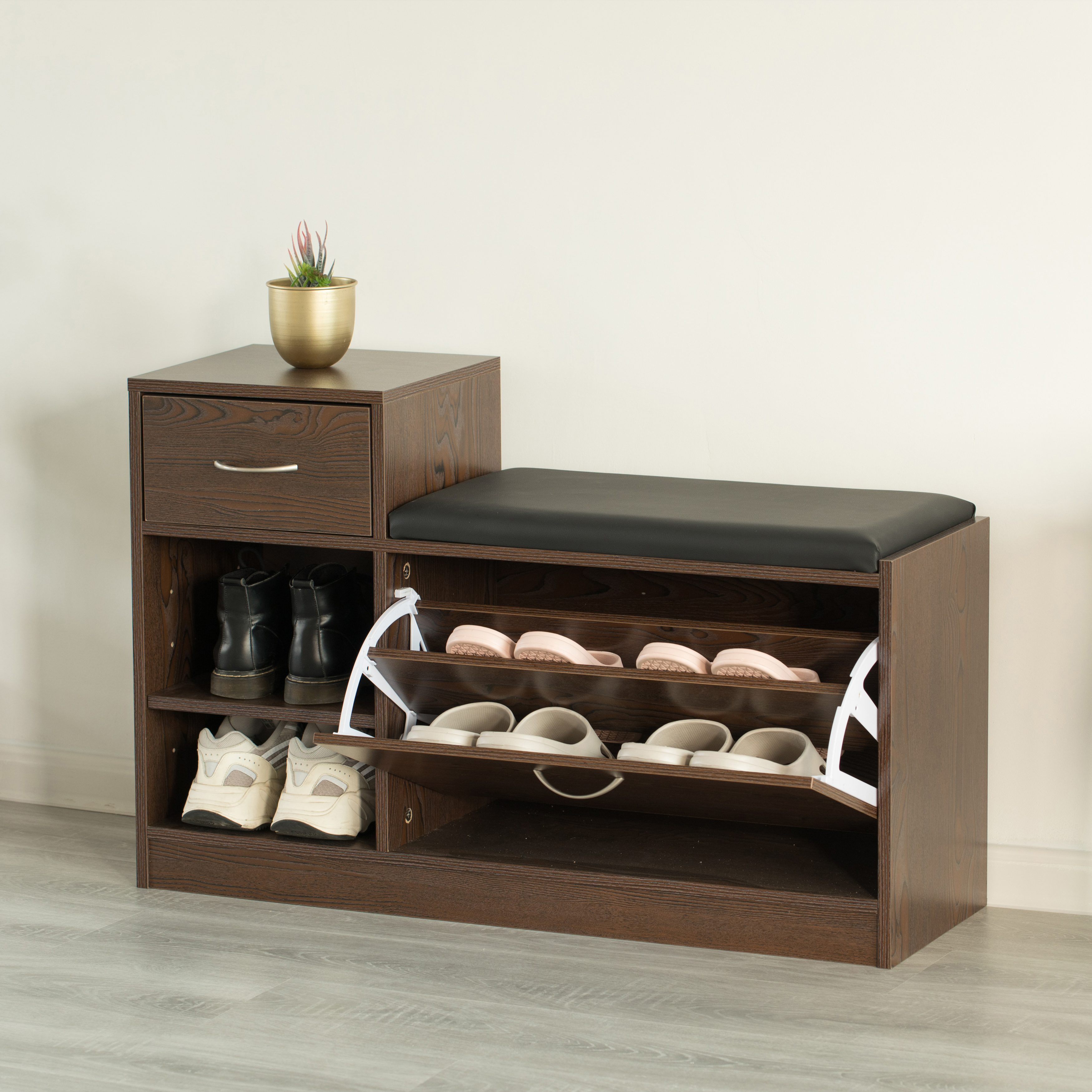 Brown Wooden Entryway Shoe Storage Bench with Cushion