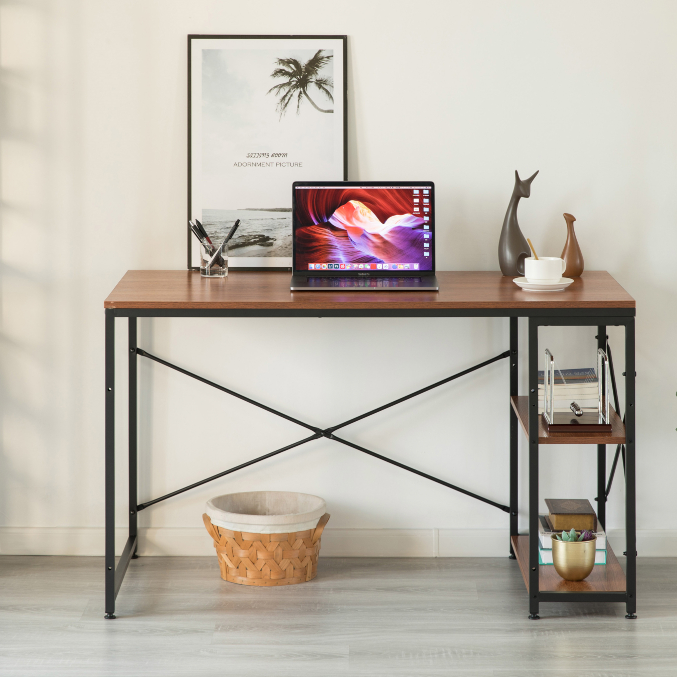 Cherry Industrial Rectangular Wood and Metal Home Office Computer Desk with 2 Side Shelves