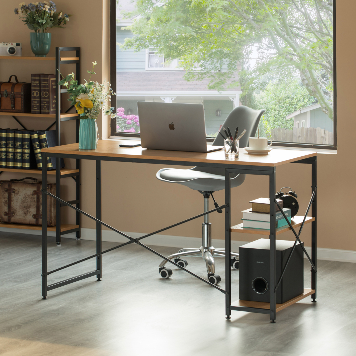 Natural Industrial Rectangular Wood and Metal Home Office Computer Desk with 2 Side Shelves