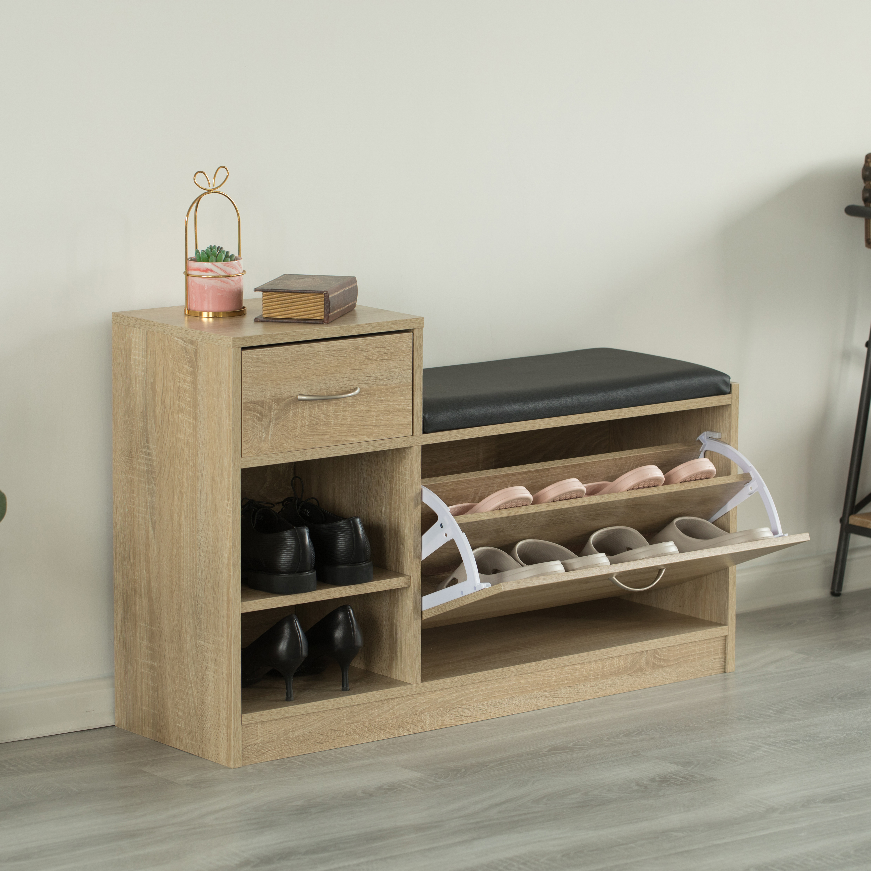 Oak Wooden Entryway Shoe Storage Bench with Cushion