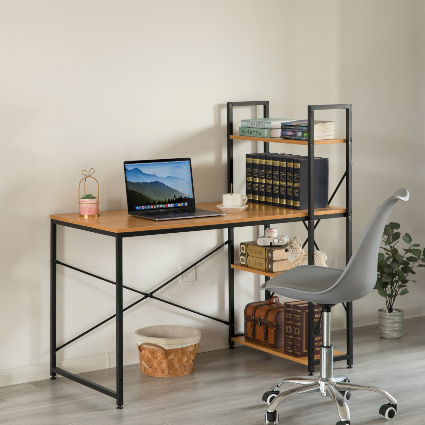 Wood and Metal Industrial Home Office Computer Desk with Bookshelves